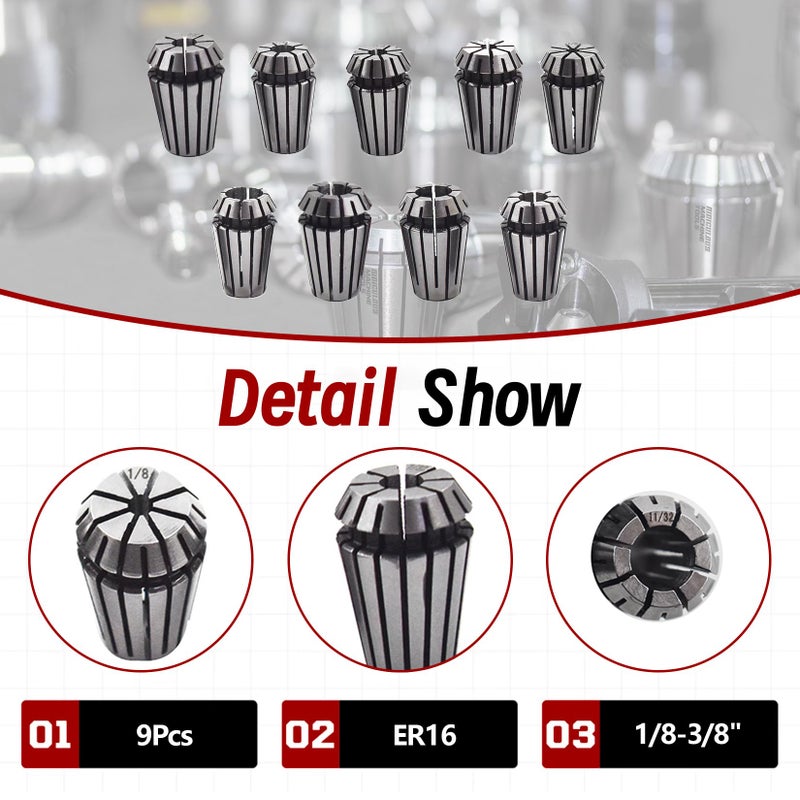 findmall 9pcs ER16 Spring Collet Set 1/8-3/8" CNC Milling Lathe Tool Engraving Machine 1/8" 5/32" 3/16" 7/32" 1/4" 9/32" 5/16" 11/32" 3/8 - Image 4